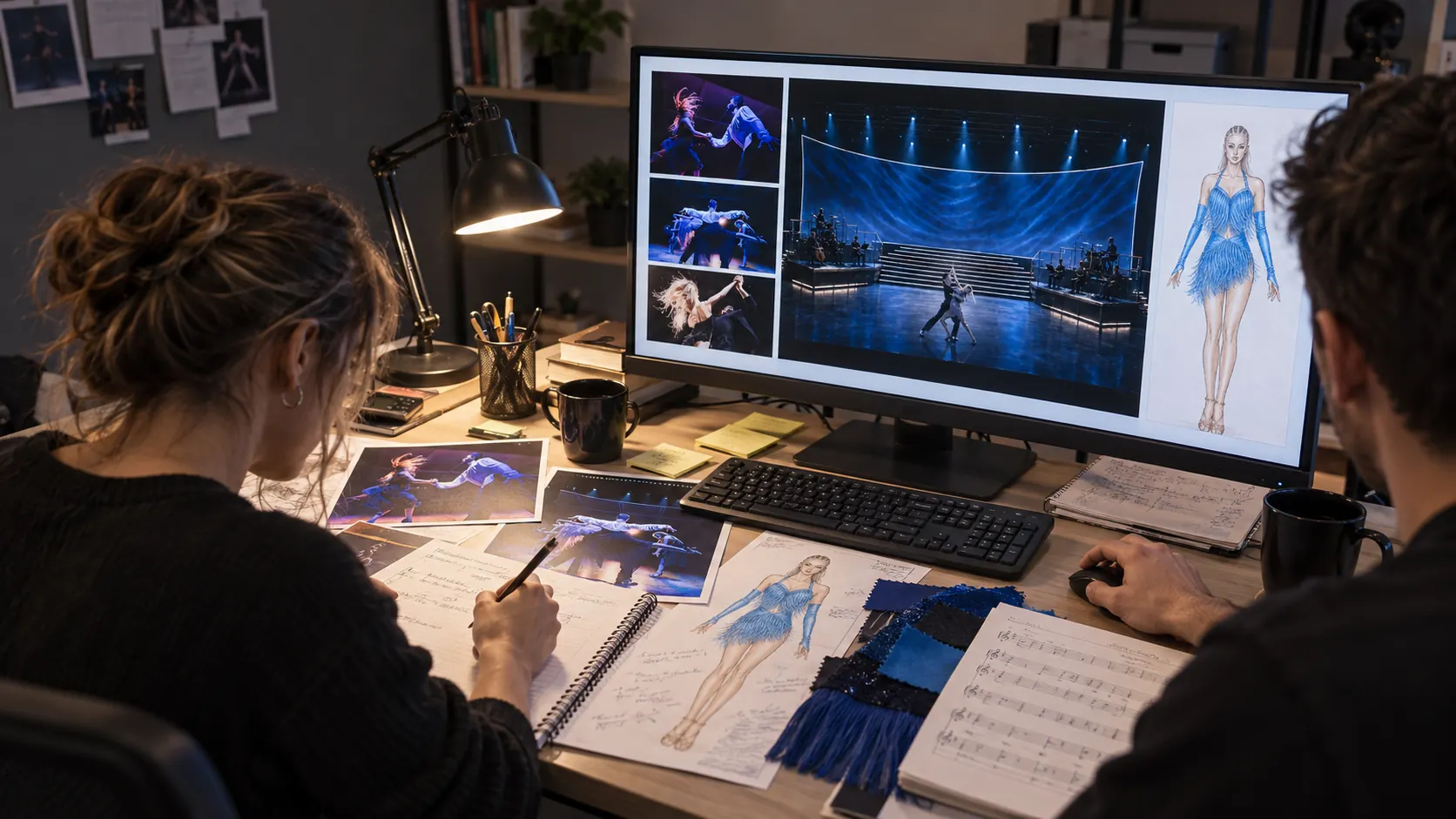 A creative team at work on a dance show: a stage visualization on screen, costume sketches and sheet music on the desk